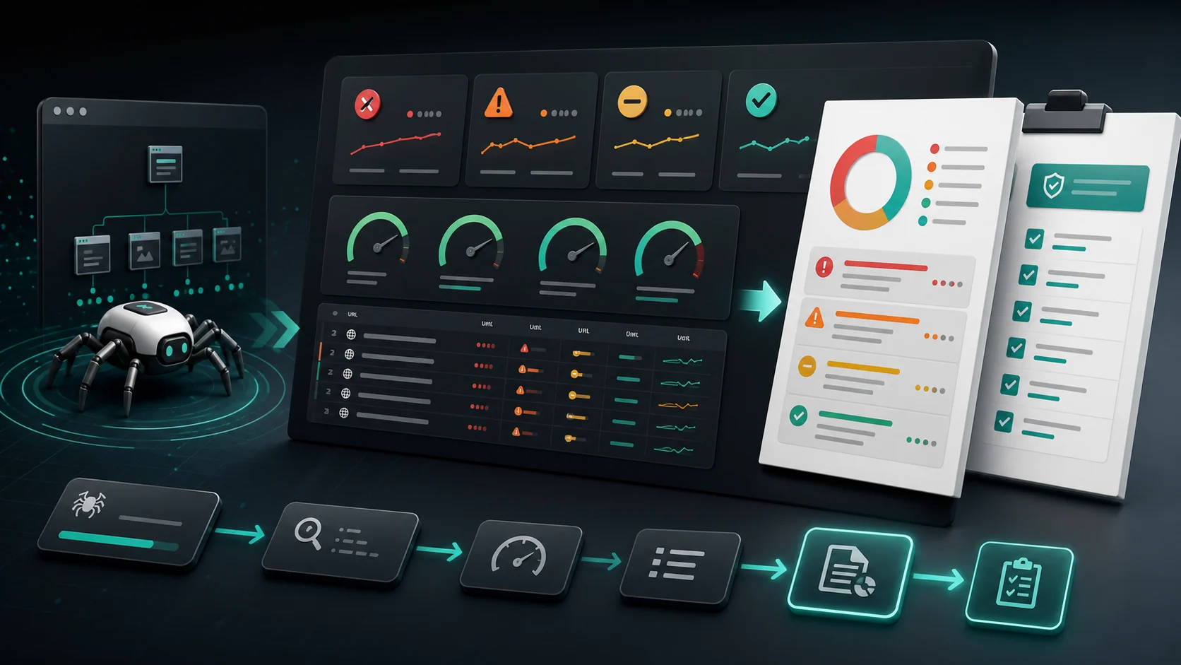 Technical SEO audit workflow with crawler scan issue cards and prioritized report